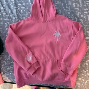 Pink palm puff Hoodie with Embroidered Design front, sleeve and back